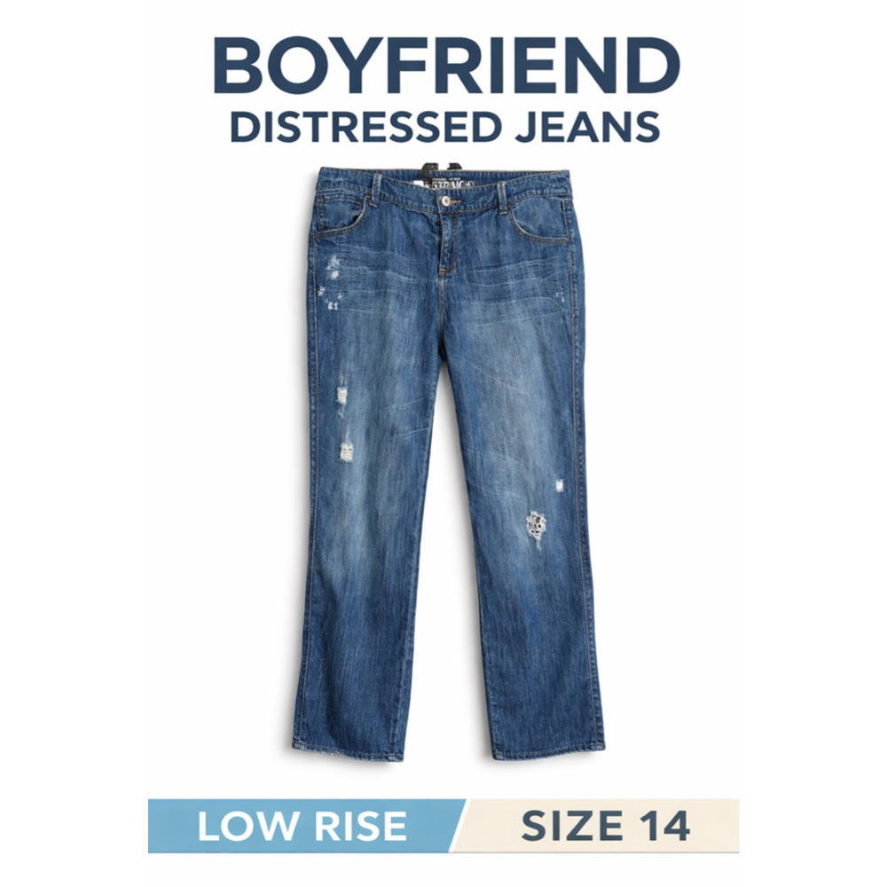 New York & Company Boyfriend Low Rise Straight Jeans Distressed Denim Size 14